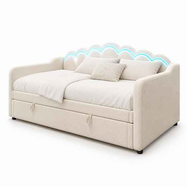 CHICFURN ČALOUNĚNÁ POSTEL 90/200 cm v béžové barvě s úložným prostorem a LED osvětlením