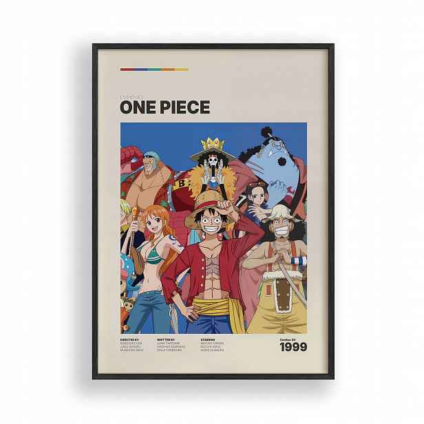 Obraz One Piece Posádka Luffy Anime Plakát Rámeček Dřevěný Černý 30x42 cm