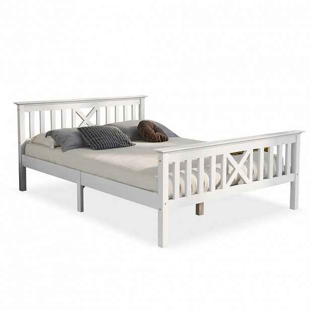 OKWISH MANŽELSKÁ postel 140/200 cm bílá z masivního dřeva s X čelem a roštem