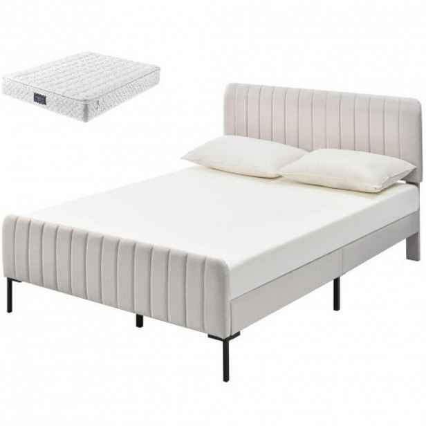 CHICFURN ČALOUNĚNÁ POSTEL 140/200 cm v šedo-béžové barvě s matrací a nastavitelným čelem