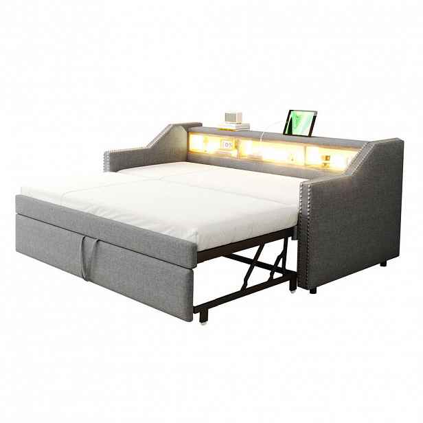 OKWISH ČALOUNĚNÉ rozkládací pohovkové lůžko 90/180 x 190 cm světle šedá z plátna s USB, LED a úložnými přihrádkami