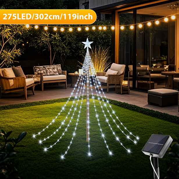 TEMU Venkovní vánoční stromkové světla ve tvaru vodopádu s hvězdicovou dekorací 195/275 LED, osmiúrovňové stmívání, pro dvůr, párty, domov, Vánoce,