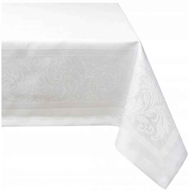 Bílý ubrus 140x320, vyražené ornamenty, klasický, odolný vůči skvrnám, hladký