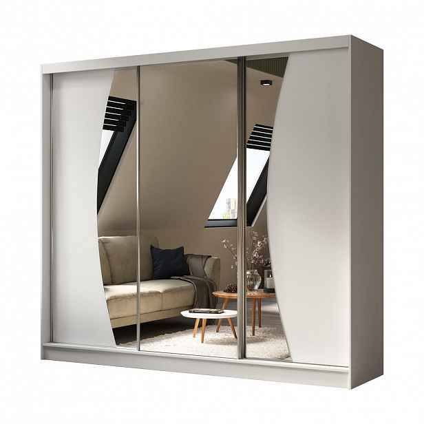 ALTDECOR ŠATNÍ SKŘÍŇ s zrcadlovými posuvnými dveřmi a hliníkovými lamelami – VOXI – 240 cm, bílá