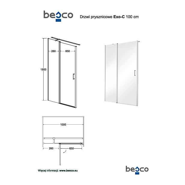 BESCO Obdélníkový sprchový kout EXO-C 100 x 80 cm; leštěný hliník; čiré sklo