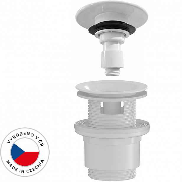 Umyvadlová výpusť - 5/4“ click-clack s přepadem - neuzavíratelná - plast - 35/50mm - bílá lesklá