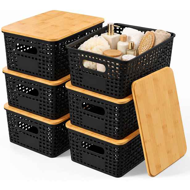 Relaxdays ÚLOŽNÉ BOXY Černá 6dílná-sada bambusové-víko