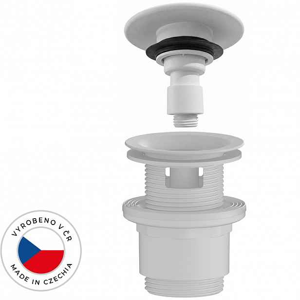 Umyvadlová výpusť - 5/4“ click-clack s přepadem - neuzavíratelná - plast - 35/50mm - bílá matná