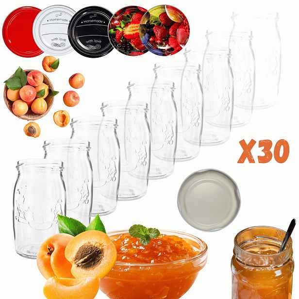 Sklenice 335 ml 30 Kompletů s Víkem džemy džemy kompot houby 66 mm