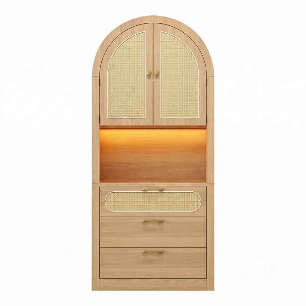 Urban Meuble HIGHBOARD v dekoru světlý dub s ratanovými dvířky, s LED osvětlením a spoustou úložného prostoru