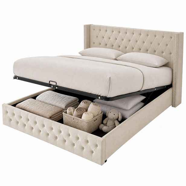 CHICFURN ČALOUNĚNÁ POSTEL 140/200 cm v béžové barvě s úložným prostorem ze sametu