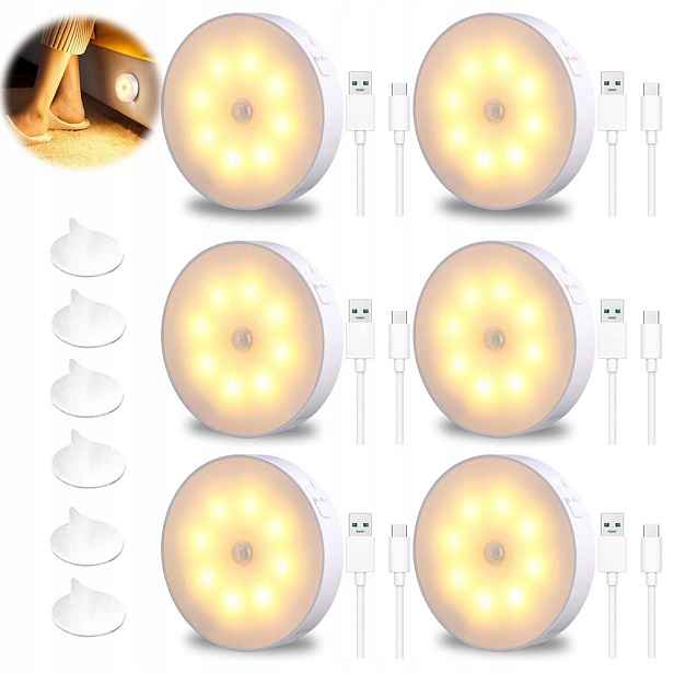 Noční Lampa Led S Pohybovým Senzorem, Osvětlení Skříně S 8LED Usb 6 Ks