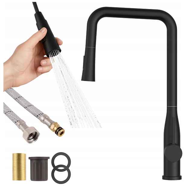 Kuchyňská baterie černá vytahovací sprcha Stojanový kohout Vector 2 funkce