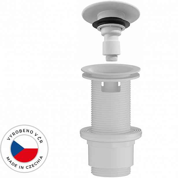 Umyvadlová výpusť - 5/4“ click-clack s přepadem - neuzavíratelná - plast - 67/82mm - bílá matná