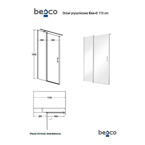 BESCO Obdélníkový sprchový kout EXO-C 110 x 90 cm; leštěný hliník; čiré sklo