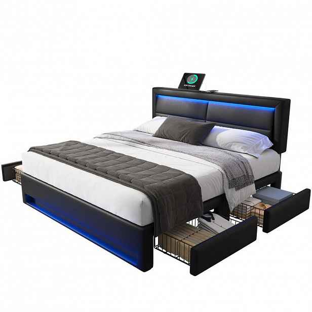 Redom ČALOUNĚNÁ postel 140/200 cm s USB nabíjením, LED osvětlením a 4 zásuvkami, PU, Černá