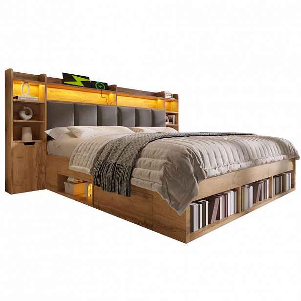 CHICFURN ČALOUNĚNÁ POSTEL 180/200 cm v dubové barvě s LED osvětlením, USB a úložným prostorem