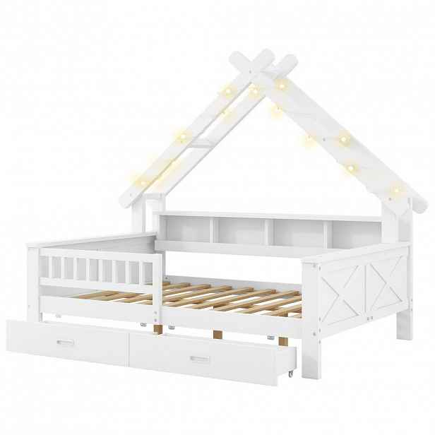 CHICFURN DOMEČKOVÁ POSTEL 140/200 cm v bílé barvě s LED osvětlením, policemi a 2 zásuvkami