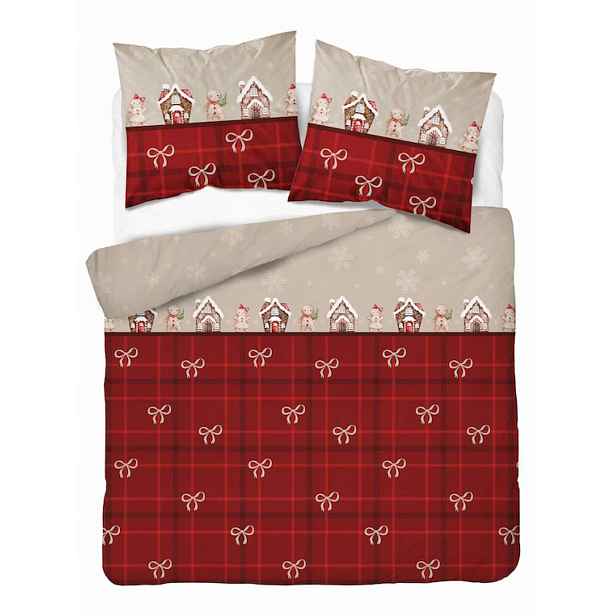 Povlečení saténové vánoční Home Satin 180x200 červené béžové s motivem domečků