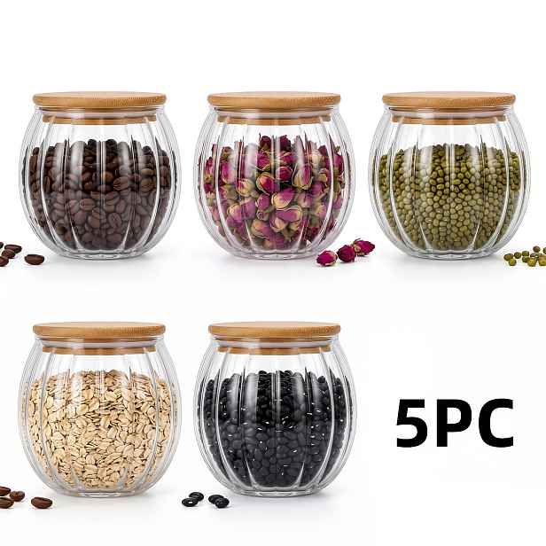 TEMU Sada 3/5 ks, Skleněné nádoby na potraviny ve tvaru dýně, 400 ml, 13,53 oz, s bambusovými víčky, nepropustná uzavíratelná sada sklenic, kuchyňské