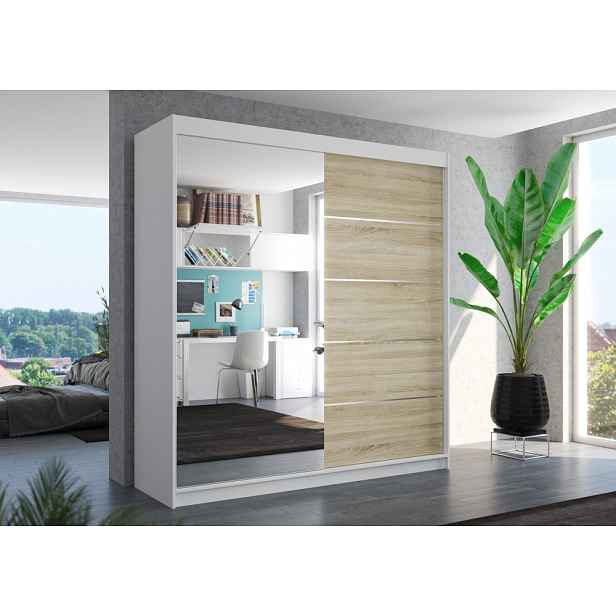 Šatní skříň se zrcadlem 200 cm EAVA - bílá / dub sonoma
