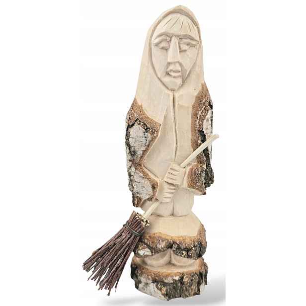 Baba s metlou Ručně vyřezávaná dřevěná dekorace Socha Figurka 22 cm