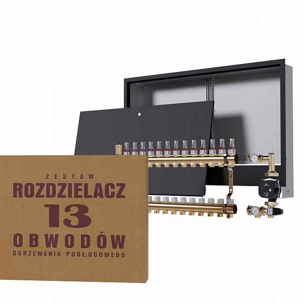 Rozdělovač pro podlahu 13 okruhů se skupinou Grundfos podomítkový černý
