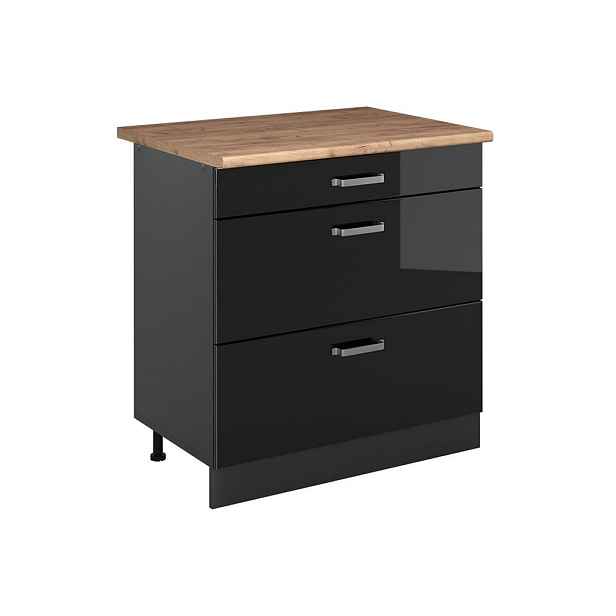 Vicco SPODNÍ SKŘÍŇKA KUCHYŇSKÉ LINKY R-Line, Černý vysoký lesk/Antracit, 80 cm se 3 zásuvkami pracovná doska Dub Goldkraft