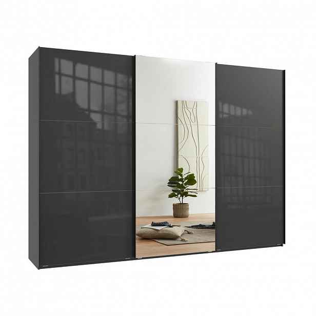 luma-home SKŘÍŇ S POSUVNÝMI DVEŘMI, 3dveřová, 300 × 216 × 65 cm (Š×V×H), v antracitové barvě se skleněnými čely, s jedněmi zrcadlovými dveřmi / 22041