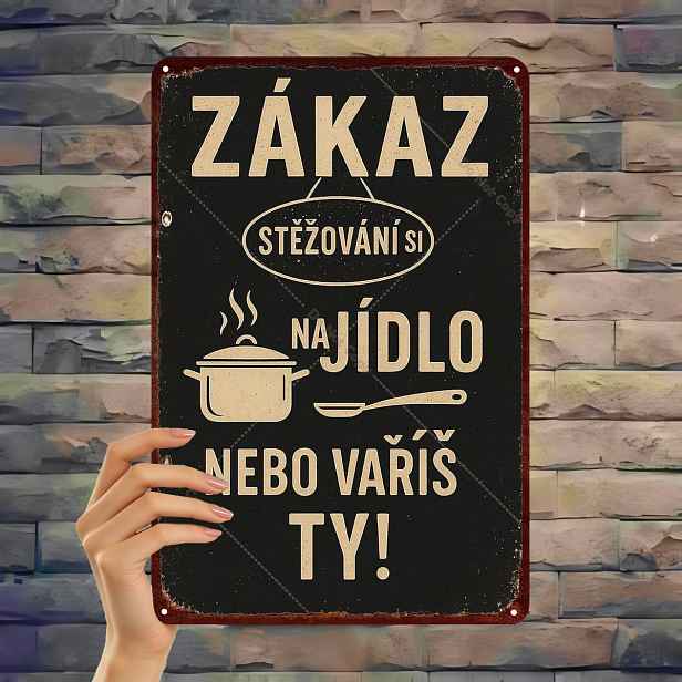 TEMU 2D Plochý, 2D Plochý 1 ks, "Vintage Česká Kuchyňská Cedule - 'Žádné Stíhání, Jezte Vařte!' Kovová Nástěnná Dekorace" 8×12 Palců, 2D Plochý