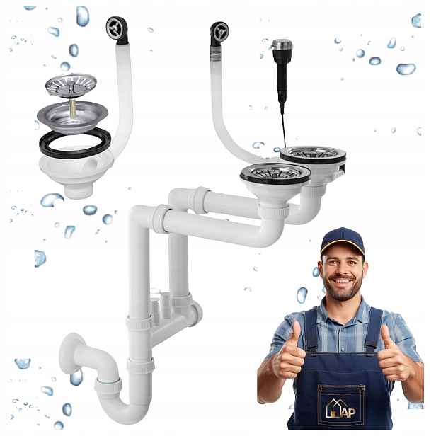 Nástěnný sifon do dřezu 2-komorový Automatický s přepadem Odtok Chrom