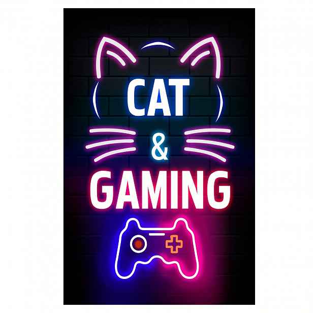 TEMU Bezrámový plakát pro milovníky her a koček - Neonové nápisy "CAT & GAMING" v růžové a modré barvě, moderní tisk pro herní místnost, ložnici,