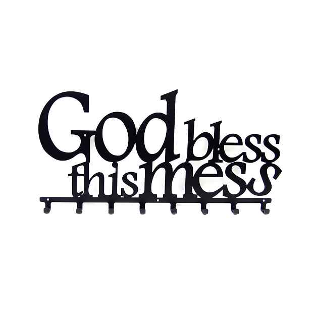 Nástěnný věšák na oblečení bundy do předsíně God Bless This Mess černý