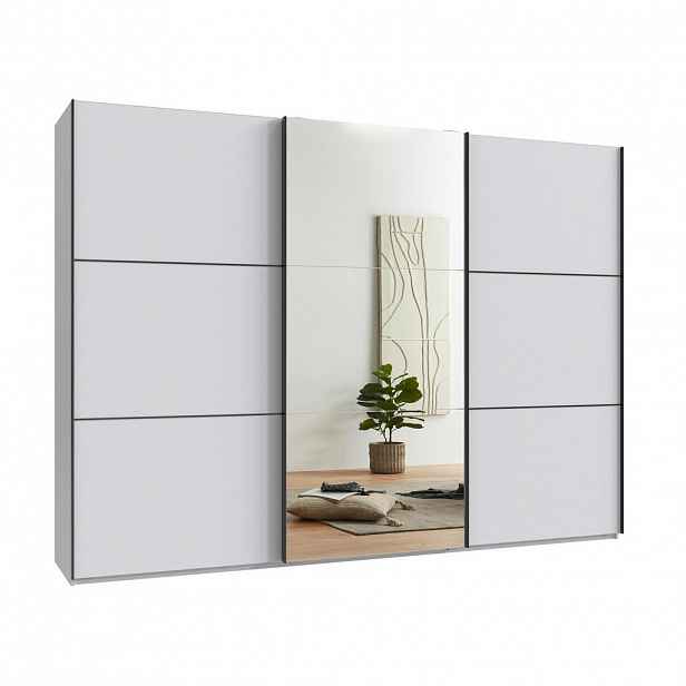 luma-home SKŘÍŇ S POSUVNÝMI DVEŘMI, 3dveřová, šířka 300 cm, výška 216 cm, hloubka 65 cm, bílá, s jedním zrcadlovým křídlem, včetně kompletního vybaven