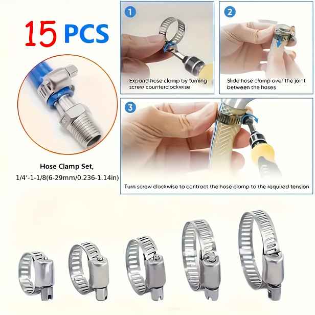 TEMU Sada 15 ks hadicových svorek z nerezové oceli 304, šnekový převod, nastavitelný rozsah 1/4" - 1-1/8" (6-29mm), odolné kovové svorky pro potrubí,