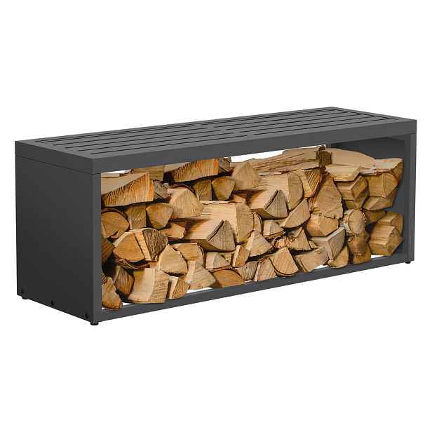ML-DESIGN REGÁL NA DŘEVO do interiéru i exteriéru s lavičkou, kovový regál na palivové dřevo, antracitová barva, 120 x 38 x 43 cm, pozinkovaná ocel