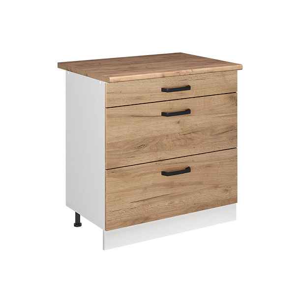 Vicco SPODNÍ SKŘÍŇKA KUCHYŇSKÉ LINKY R-Line, Zlatý mocný dub/Bílá, 80 cm se 3 zásuvkami pracovná doska Dub Goldkraft