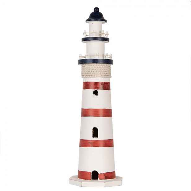 Bílo-červená dřevěná dekorace maják Lighthouse Nautic - Ø 15*48 cm Clayre & Eef
