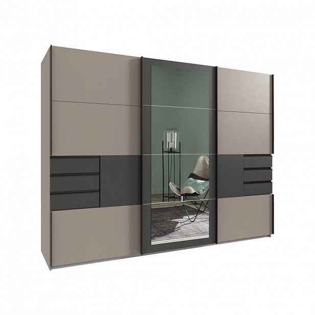 luma-home SKŘÍŇ S POSUVNÝMI DVEŘMI, 3dveřová, 270 × 208 × 64 cm (Š×V×H), v pískově šedé barvě s grafitovými akcenty, zrcadlem a zásuvkami / 22507