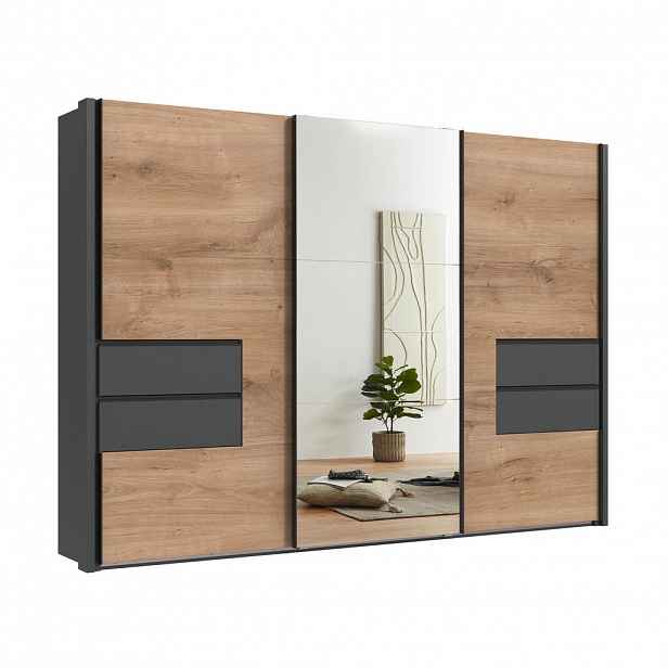 luma-home SKŘÍŇ S POSUVNÝMI DVEŘMI, 3dveřová, 312 × 216 × 65 cm (Š×V×H), korpus/rámeček/zásuvky v barvě grafitu, dveře v dekoru dubu/zrcadlové / 22064