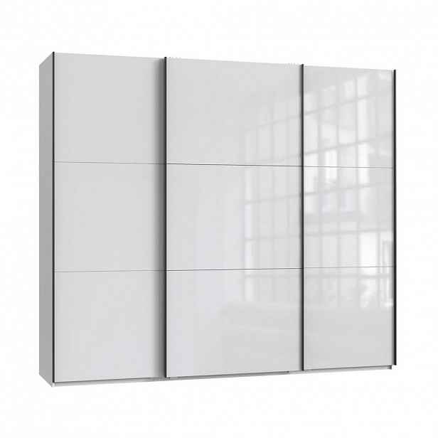 luma-home SKŘÍŇ S POSUVNÝMI DVEŘMI, 3dveřová, šířka 250 cm, výška 216 cm, hloubka 65 cm, bílá barva se skleněnými čely, včetně kompletního vybavení /