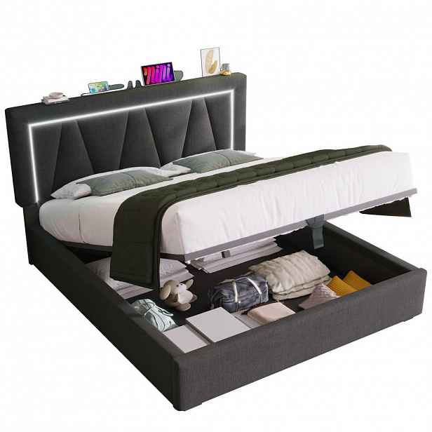 Redom ČALOUNĚNÁ postel 140x200 cm s LED osvětlením, USB a USB-C nabíjením, nastavitelným čelem a úložným prostorem, Šedá