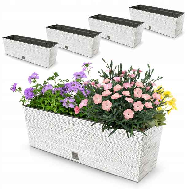 4x Květináč 18L balkonový truhlík 58x19,5 cm bílý prostorná vložka 12L