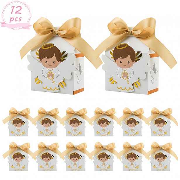 TEMU Dárek pro ni/ 12 ks krabiček na křtiny s stuhou, skvělé pro křesťany, baby shower, svatební malé dárkové tašky, dekorace, Vánoce, Halloween