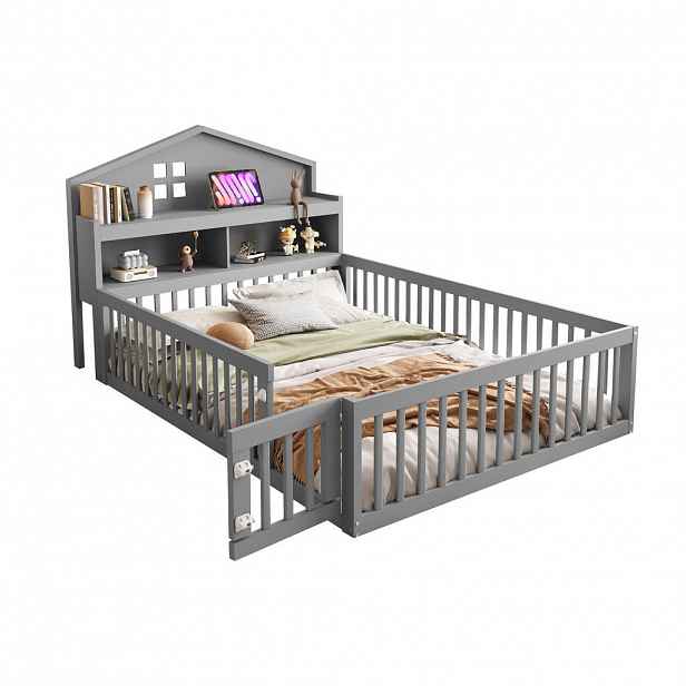CHICFURN DOMEČKOVÁ POSTEL 140/200 cm v šedé barvě s policemi a ochrannou zábranou