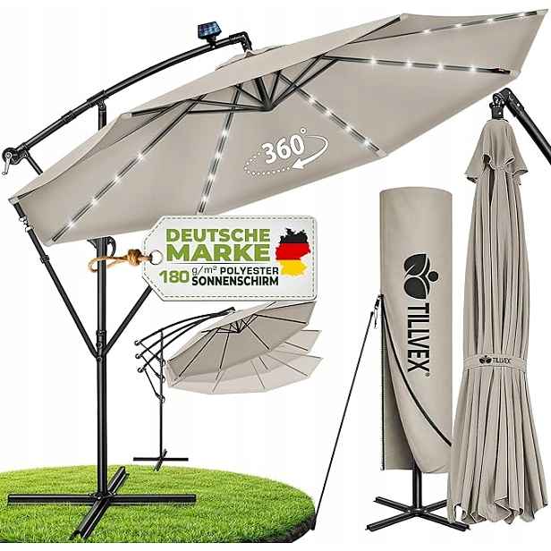 tillvex Hliníkový slunečník Led sluneční clona Solar Ø 350 cm s klikou