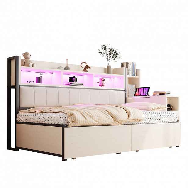CHICFURN POSTEL 90/200 cm v bílé barvě s úložným prostorem, výsuvným stolem, LED a zásuvkami
