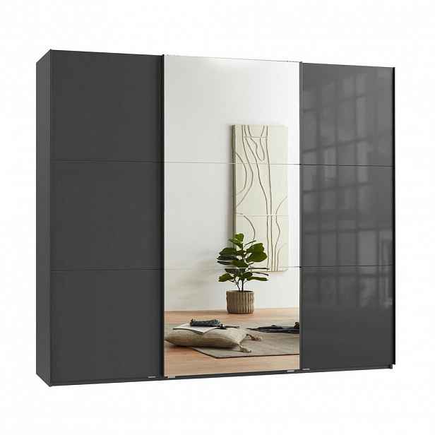 luma-home SKŘÍŇ S POSUVNÝMI DVEŘMI, 3dveřová, 250 × 216 × 65 cm (Š×V×H), v antracitové barvě se skleněnými čely, s jedněmi zrcadlovými dveřmi / 22035