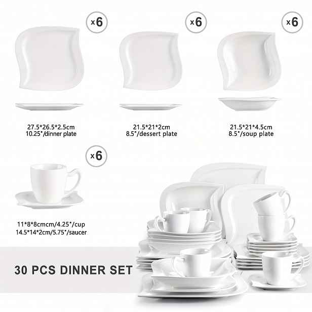 TEMU 30dílná sada porcelánového nádobí v barvě slonovinové bílé s 6 šálky, podnosek, dezertní talířem a polévkovým talířem pro 6 osob
