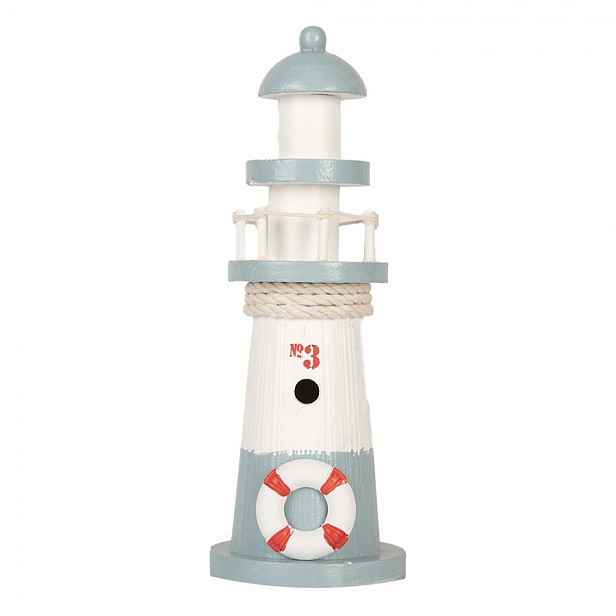 Bílo-modrá dřevěná dekorace maják Lighthouse Nautic - Ø 8*22 cm Clayre & Eef